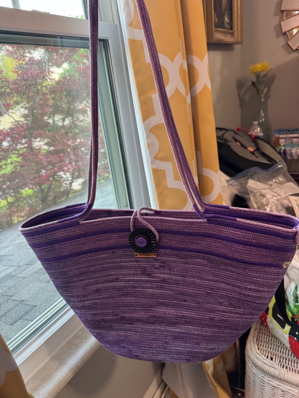 Woven Purple Tote Bag with Button Accent